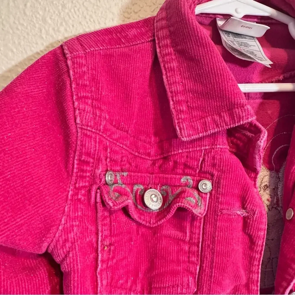Vintage Disney Y2K Pink Glitter Corduroy Princess Embroidered Jacket Girls XS 4T
